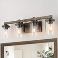 LALUZ Bathroom Vanity Light Fixtures, Farmhouse Vanity Lighting with Clear Glass Shades, Faux Wood, 4-Light, 28'' L x 6.3'' W x 8.7'' H