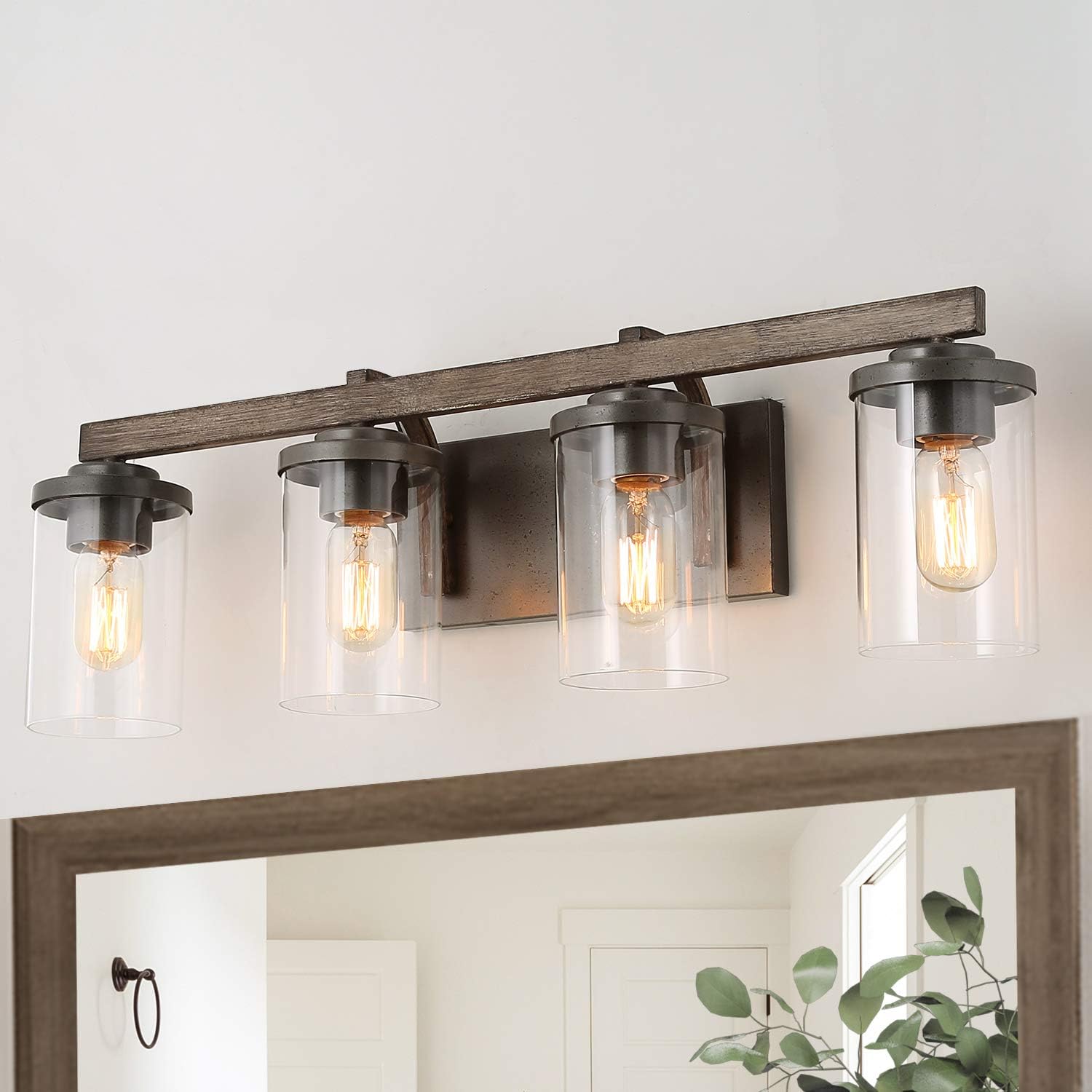 LALUZ Bathroom Vanity Light Fixtures, Farmhouse Vanity Lighting with Clear Glass Shades, Faux Wood, 4-Light, 28'' L x 6.3'' W x 8.7'' H
