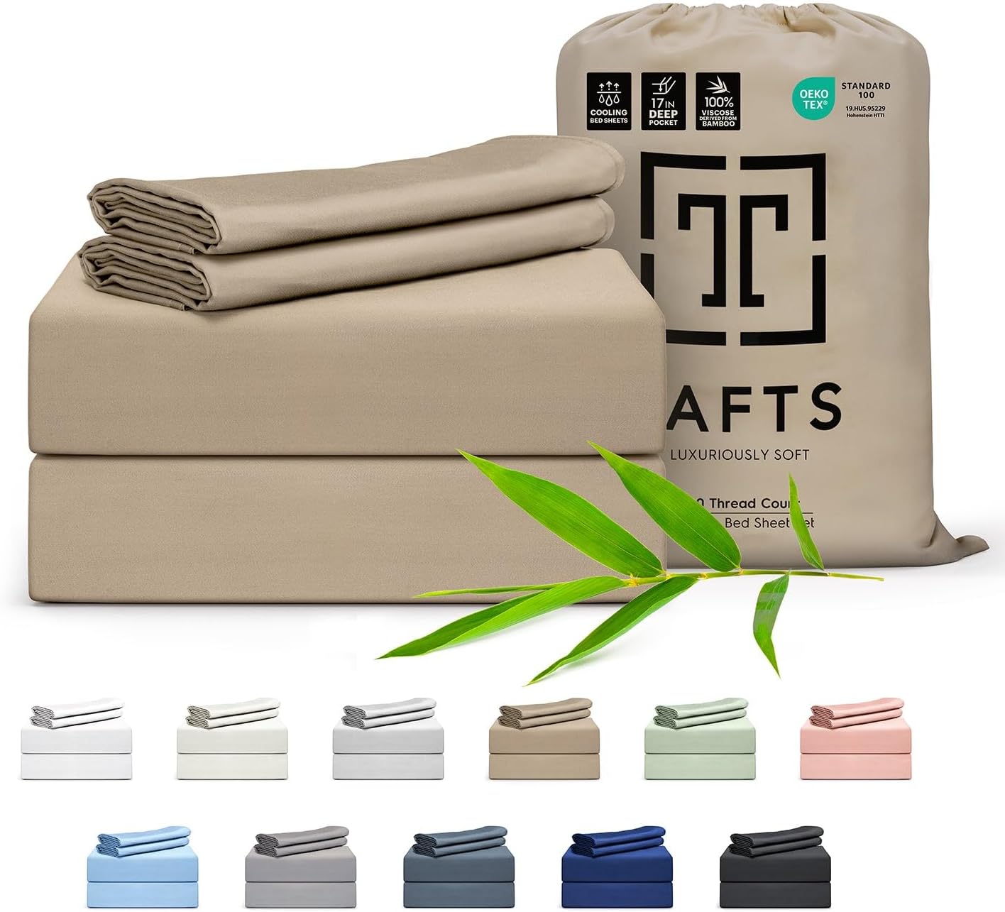 Tafts Cali-King Sheets Set, Pure 100% Viscose derived from Bamboo Bed Sheets Set, Luxuriously Soft, Silky, Cooling Sheets, Double Stitched, Lifetime Quality Promise (Beige)