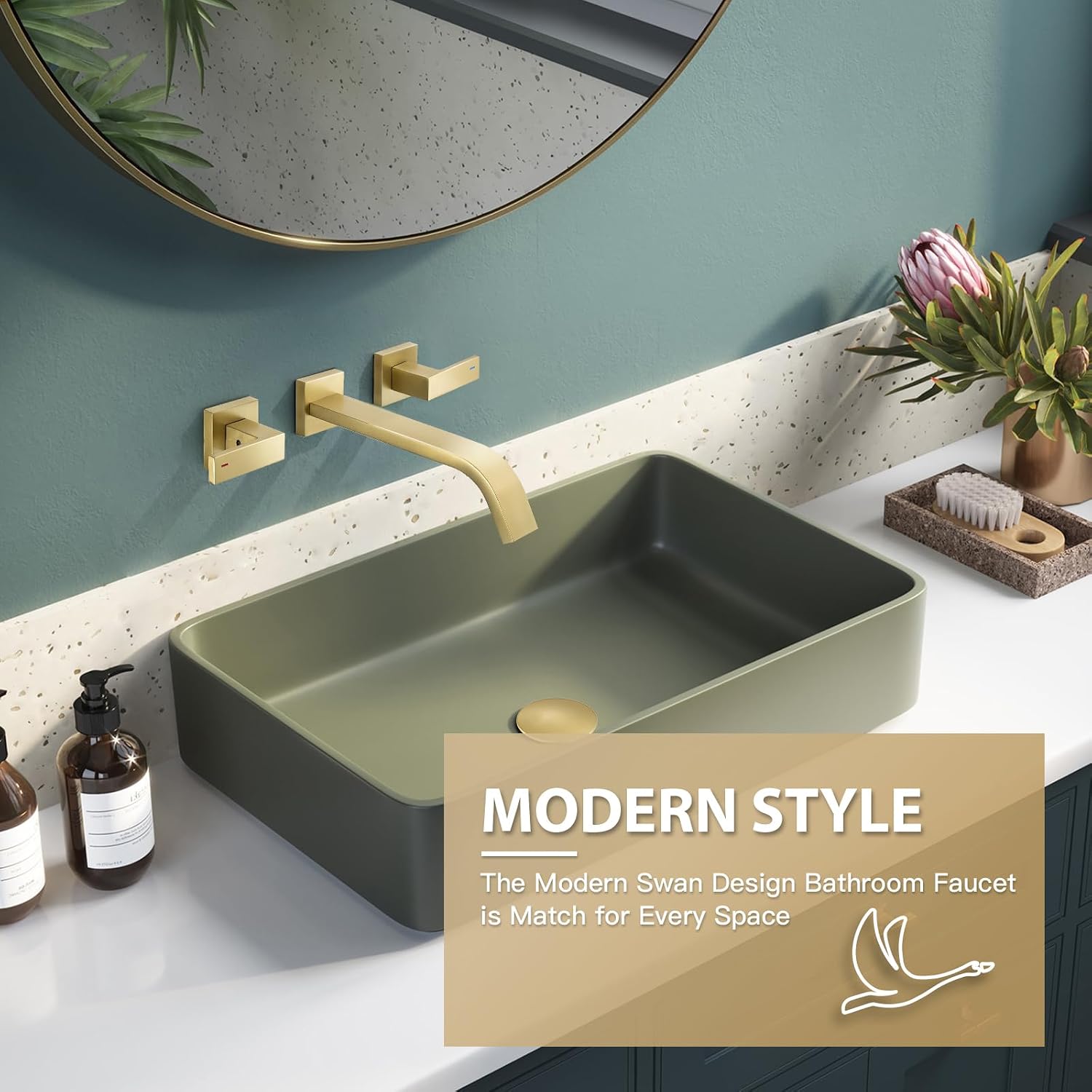 Brass Wall Mount Bathroom Faucet,Wall Mounted Vessel Sink Faucet with Dual Lever Handles,Widespread 3 Holes Wall Faucet for Vanity Lavatory Sink,Pop Up with Overflow Drain Assembly Included