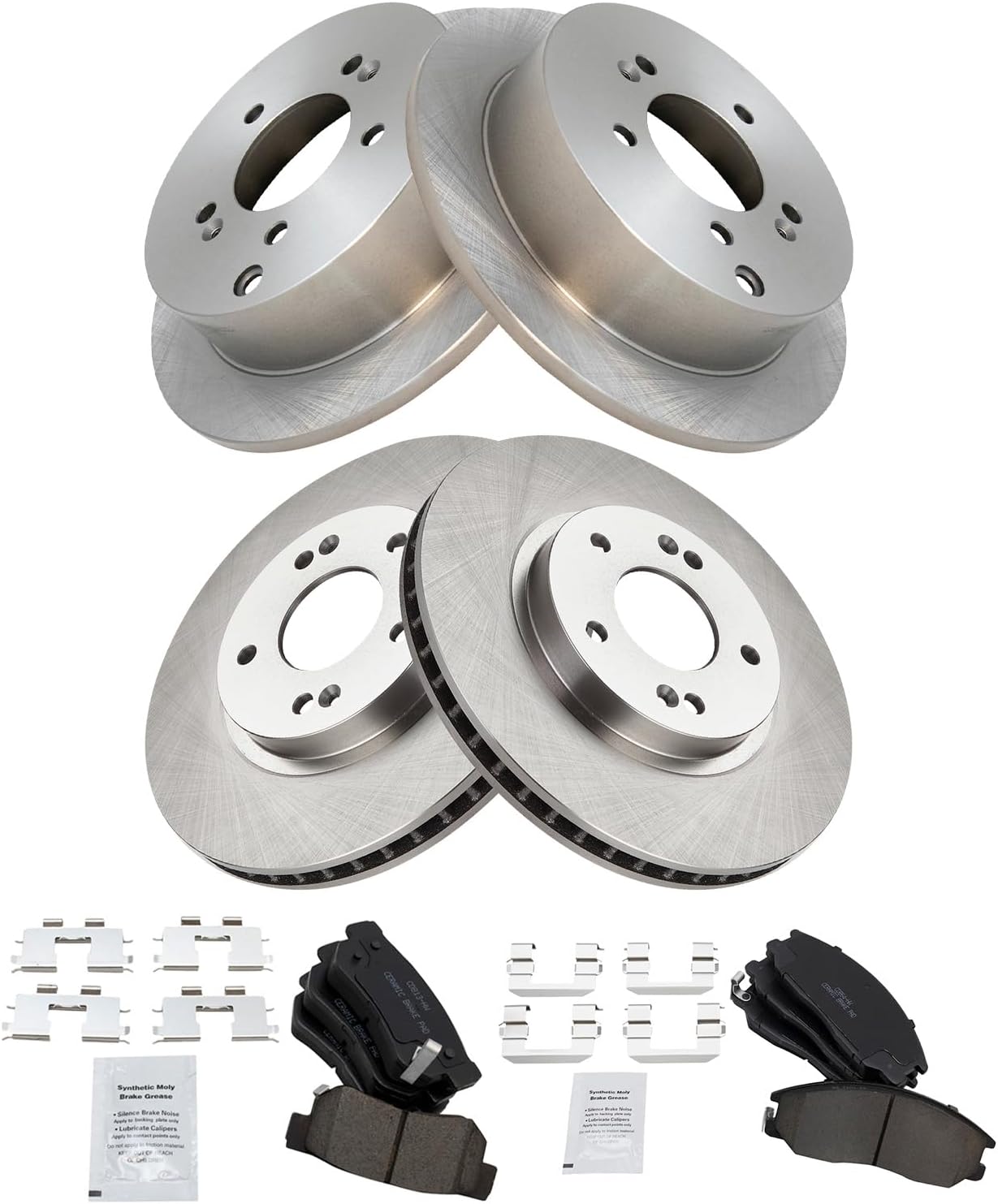 TRQ Front and Rear Brake Pad and Rotor Set Ceramic Vented Front Rotors 293mm Compatible with 2001-2006 Hyundai Santa Fe