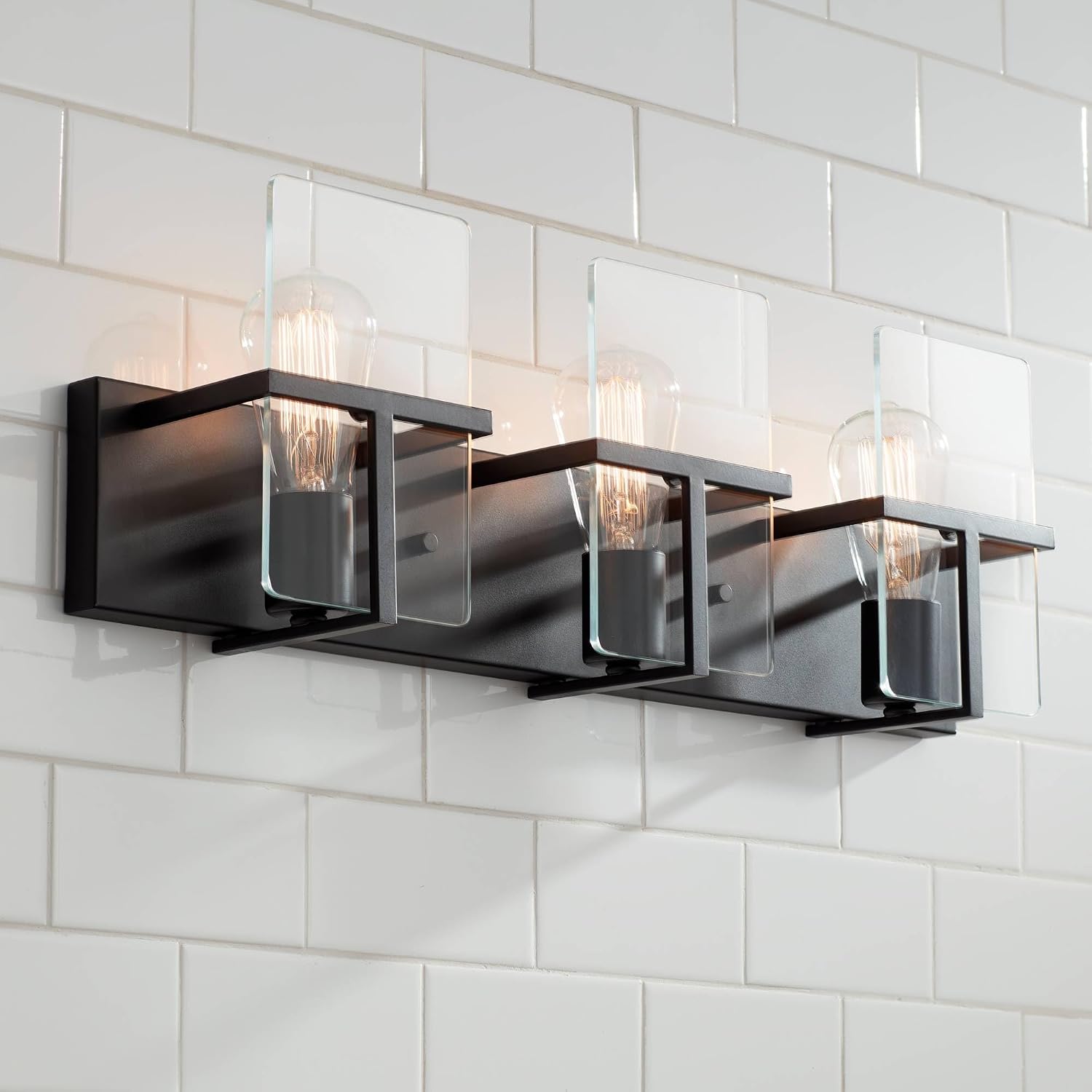 Possini Euro Design Trezza Modern Industrial Wall Mount Light Matte Black Hardwired 24' 3-Light Fixture Clear Glass Flat Panels for Bathroom Vanity Mirror House Home Living Room Hallway Decor
