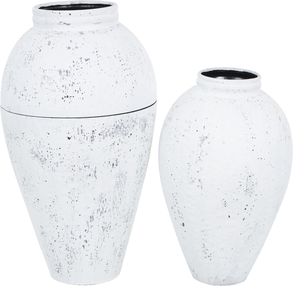 Deco 79 Metal Decorative Vase Tall Distressed Pot Floor Centerpiece Vases, Set of 2 Flower Vases for Home Decoration 31', 24' H, White