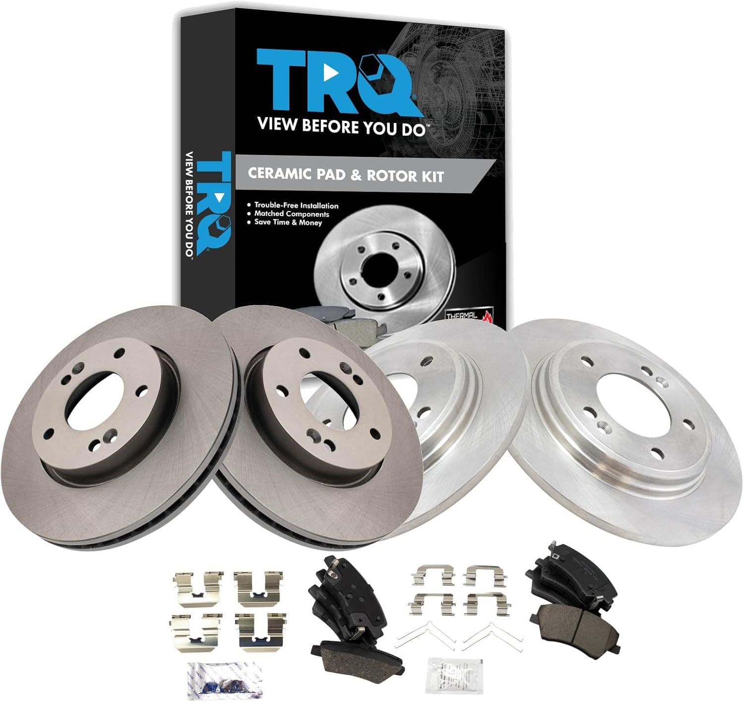 TRQ Front and Rear Brake Pad and Rotor Set Ceramic Vented Solid Rotors Compatible with 2017-2020 Hyundai Ioniq 2017-2019 Kia Niro