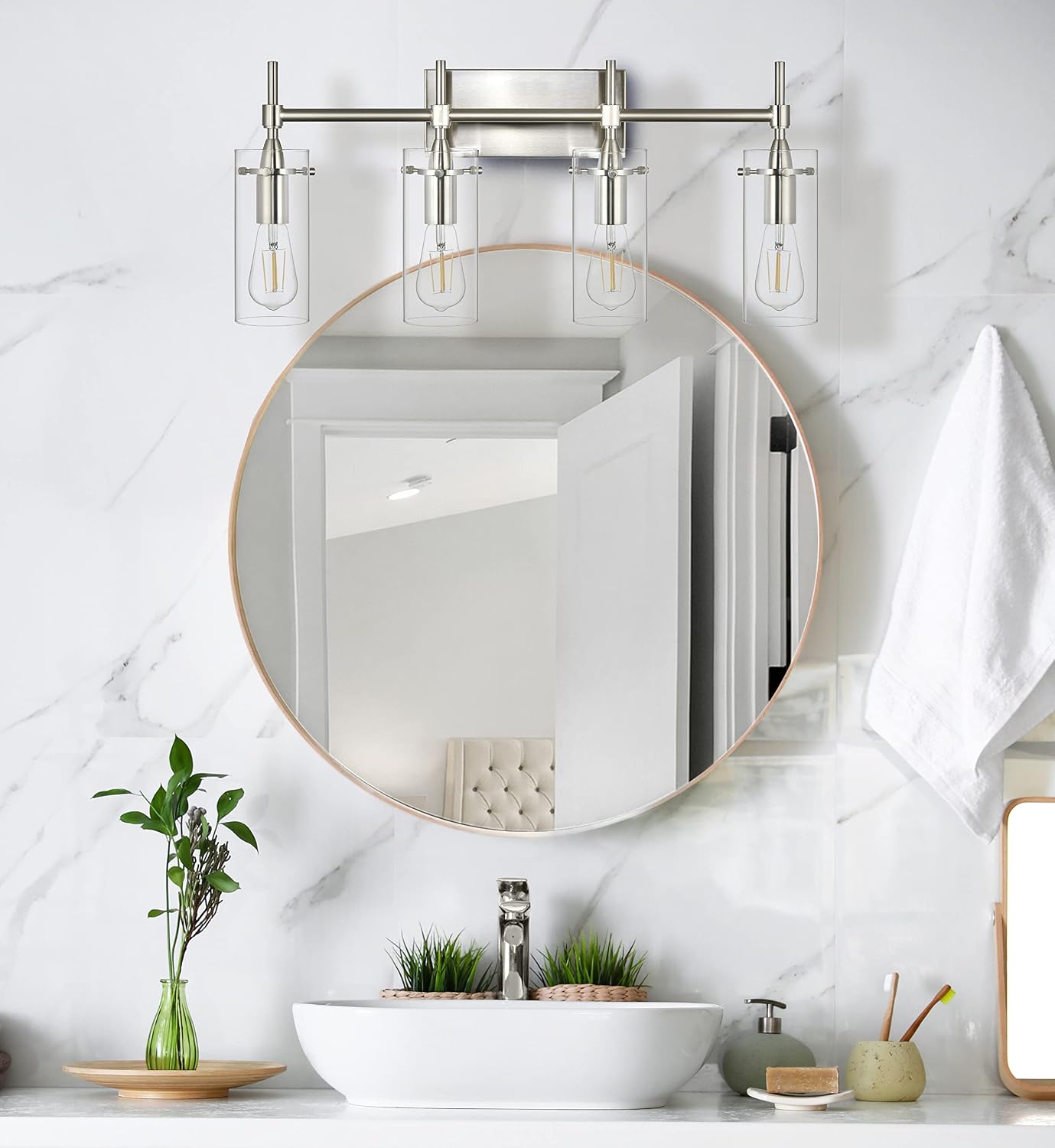 Linea di Liara Effimero Modern Farmhouse Bathroom Vanity Lights Fixtures 4 Lights Over Mirror Brushed Nickel Vanity Lights For Bathroom Light Fixtures Industrial Lighting Clear Glass Covers, UL Listed