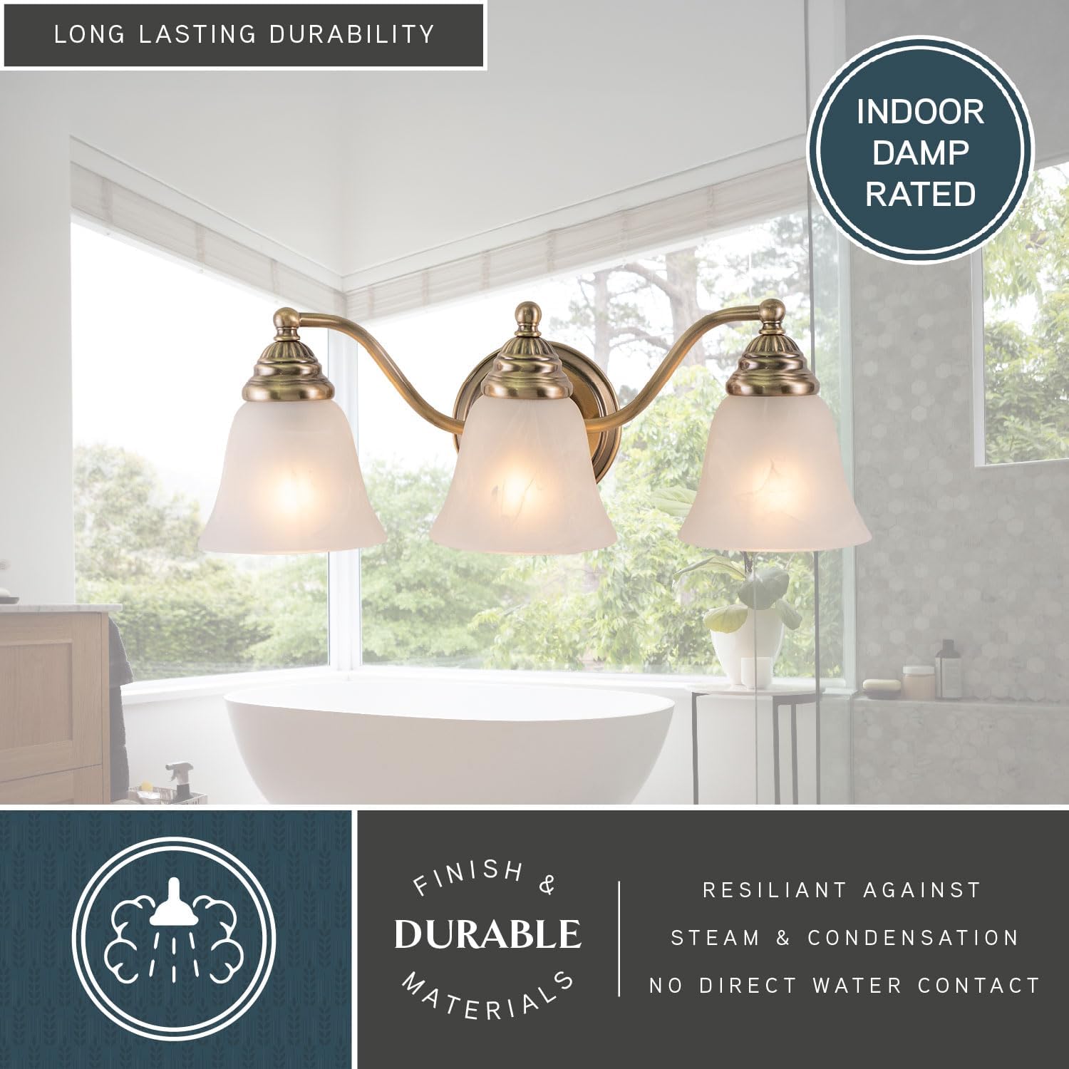 VAXCEL Standford 3-Light 19 inch Wide Antique Brass Gold Traditional Bathroom Vanity Lighting Fixture, White Alabaster Glass Shade, Dimmable, LED Compatible, Over the Mirror Mounted Steel Wall Sconce