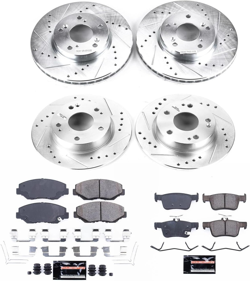 PowerStop Front and Rear Brake Kit for Honda Civic 2016-21 - Drilled and Slotted Disc Rotors with Carbon-Fiber Ceramic Brake Pads Replacement, K7574