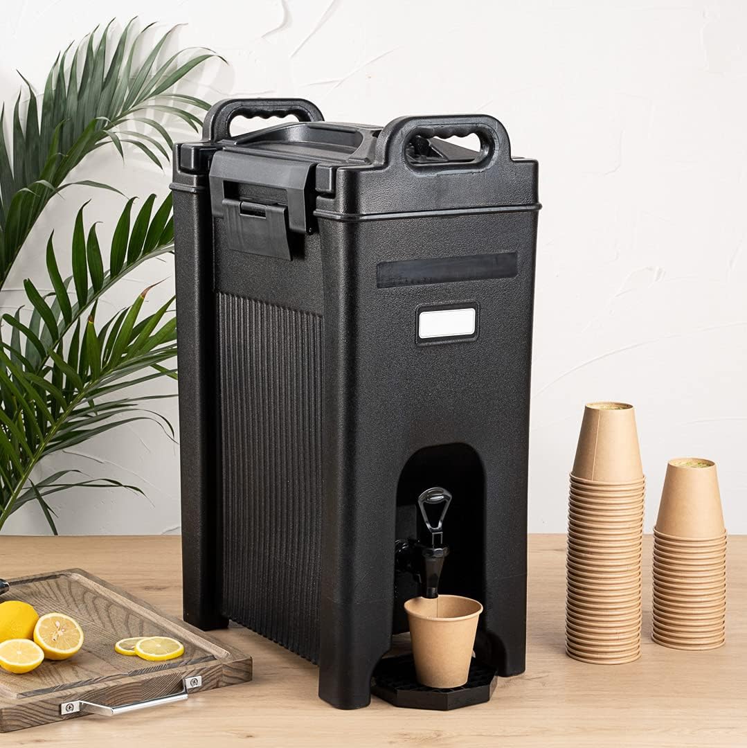 Restaurantware Cater Tek 5 Gallon Beverage Dispenser 1 Insulated Drink Dispenser - Built-In Handles For Hot and Cold Drinks Black Plastic Beverage Server Use At Parties or Restaurants