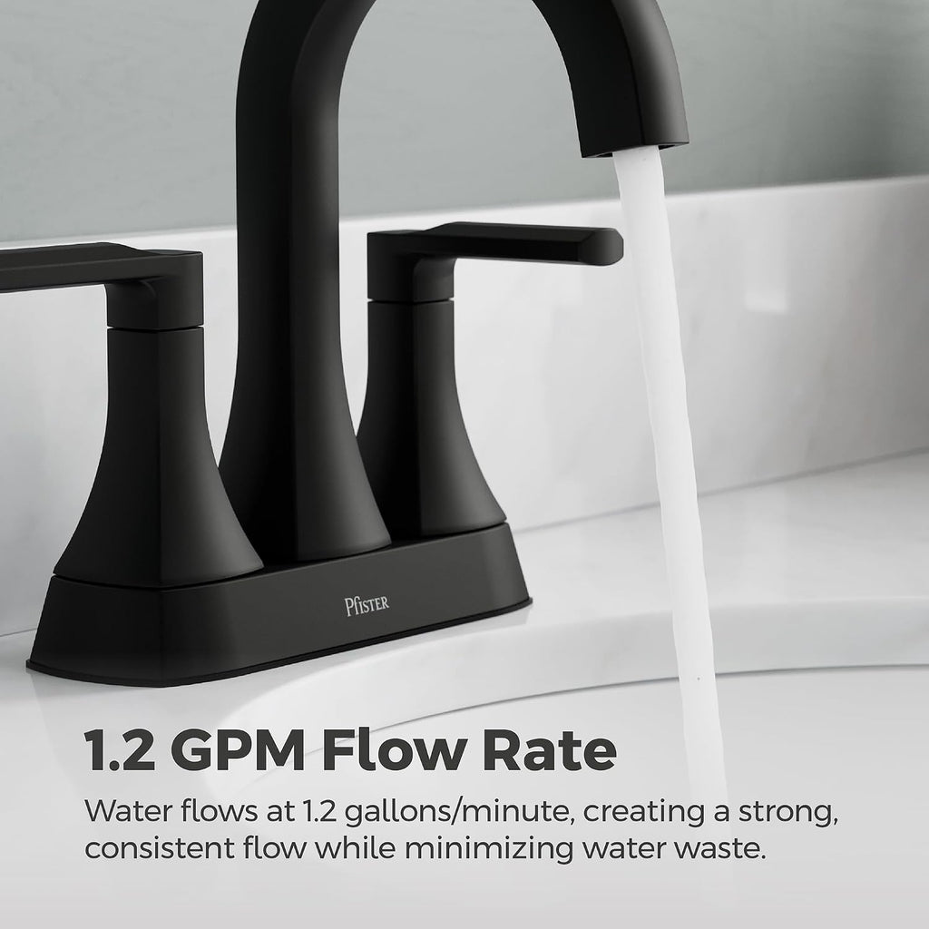 Pfister Vaneri 4 in Centerset Bathroom Sink Faucet 2-Handle 3-Hole Matte Black Vanity Faucet with Push & Seal Drain NSF Certified WaterSense Compliant LF048VRIBB