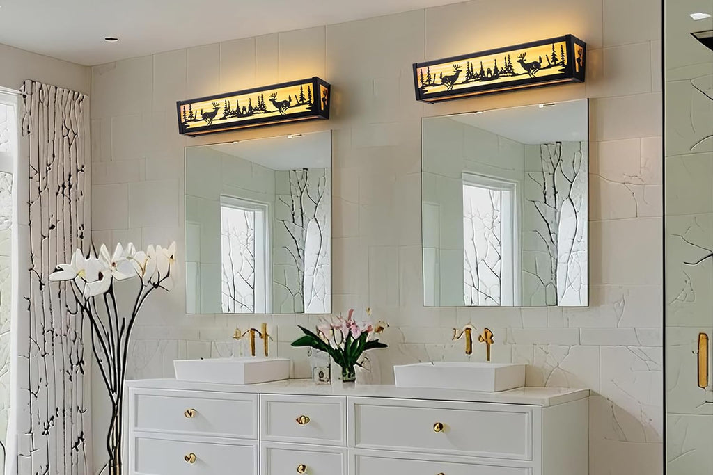 TOCHIC Farmhouse LED Bathroom Vanity Light Fixtures, Rustic Black Forest Deer Wildlife Vanity Lights Over Mirror, Western Sconces Wall Lighting for Bathroom, Cabinet, Powder Room, Living Room, 24' L