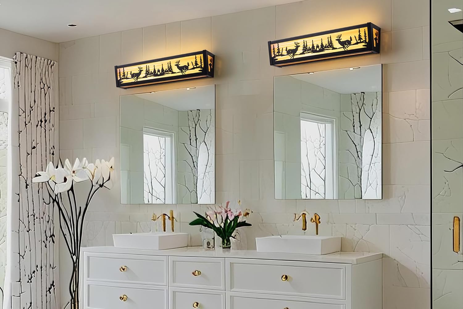 TOCHIC Farmhouse LED Bathroom Vanity Light Fixtures, Rustic Black Forest Deer Wildlife Vanity Lights Over Mirror, Western Sconces Wall Lighting for Bathroom, Cabinet, Powder Room, Living Room, 24' L