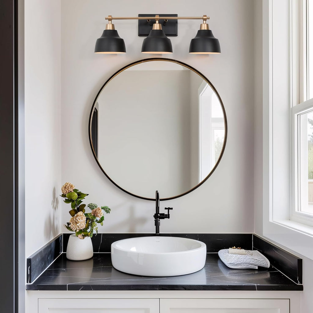 LALUZ Black Bathroom Vanity Light Fixtures, 3-Light Brass Modern Farmhouse Gold Vanity Wall Lamp Over Mirror with Metal Globe for Hallway, Bedroom, Kitchen, and Living Room