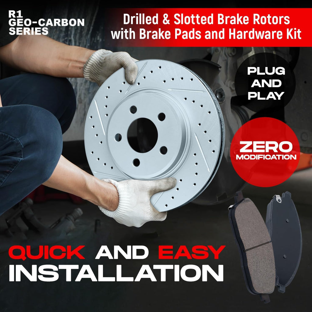 R1 Concepts Front and Rear Brake Kit Fits 2014-2021 Jaguar F-Type; 2016-2019 Jaguar XJ| Euro Ceramic Brake Pads and Drilled Slotted Brake Rotors| 14.0' Front & 12.8' Rear