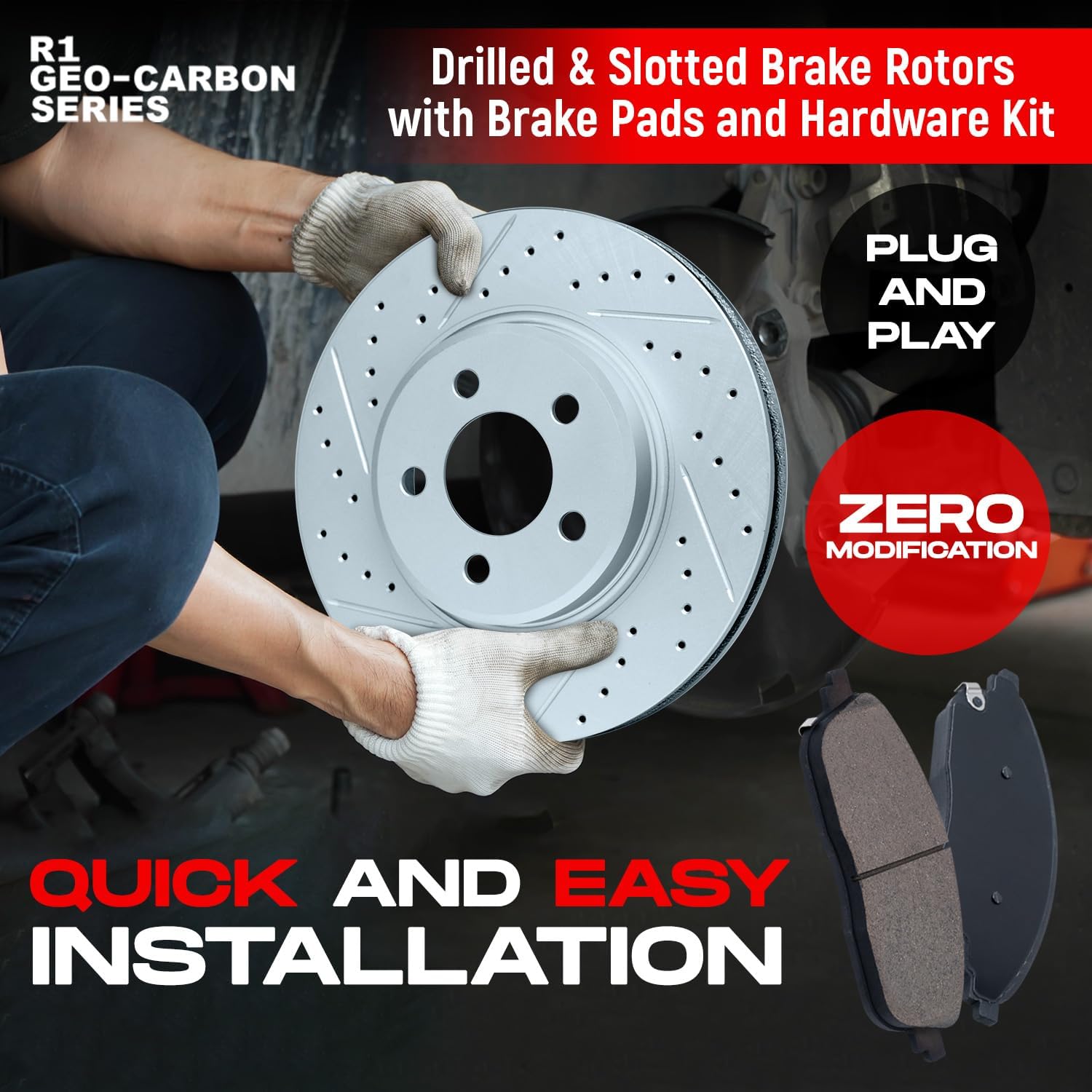 R1 Concepts Front and Rear Brake Kit Fits 2014-2021 Jaguar F-Type; 2016-2019 Jaguar XJ| Euro Ceramic Brake Pads and Drilled Slotted Brake Rotors| 14.0' Front & 12.8' Rear