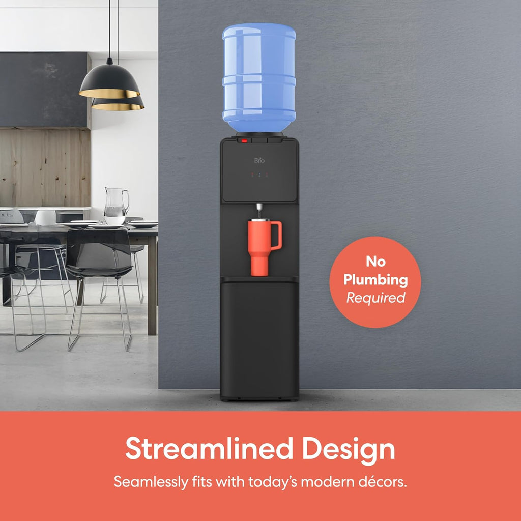 Brio 130 Series Top-Load Water Cooler Dispenser for 3- and 5-Gallon Bottles, Hot & Cold, Spill-Free Loading, Child Safety Lock, Energy Star 3.0, Black