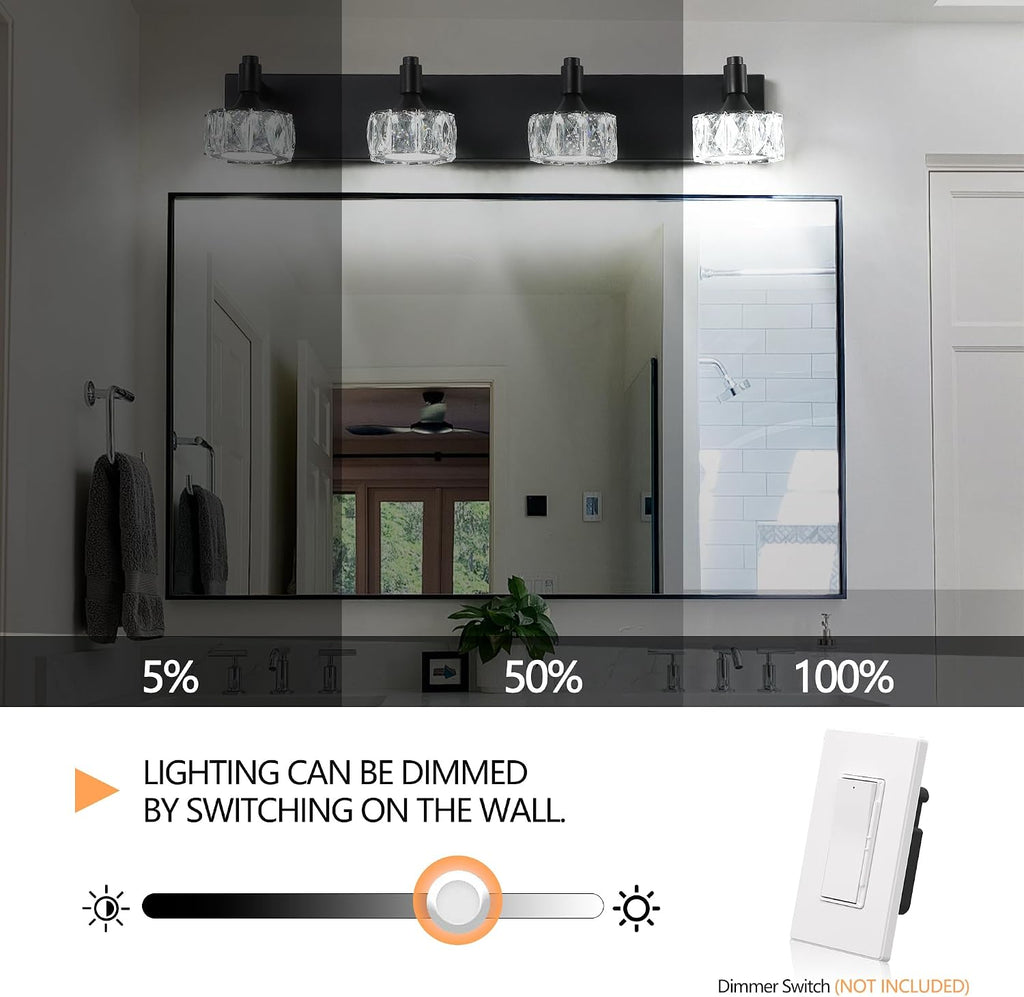 Modern 4-Light LED Vanity Light Dimmable with Faceted Crystal Shades 27.6 Inch Bathroom Lighting Fixture Matte Black and Brushed Gold Finish