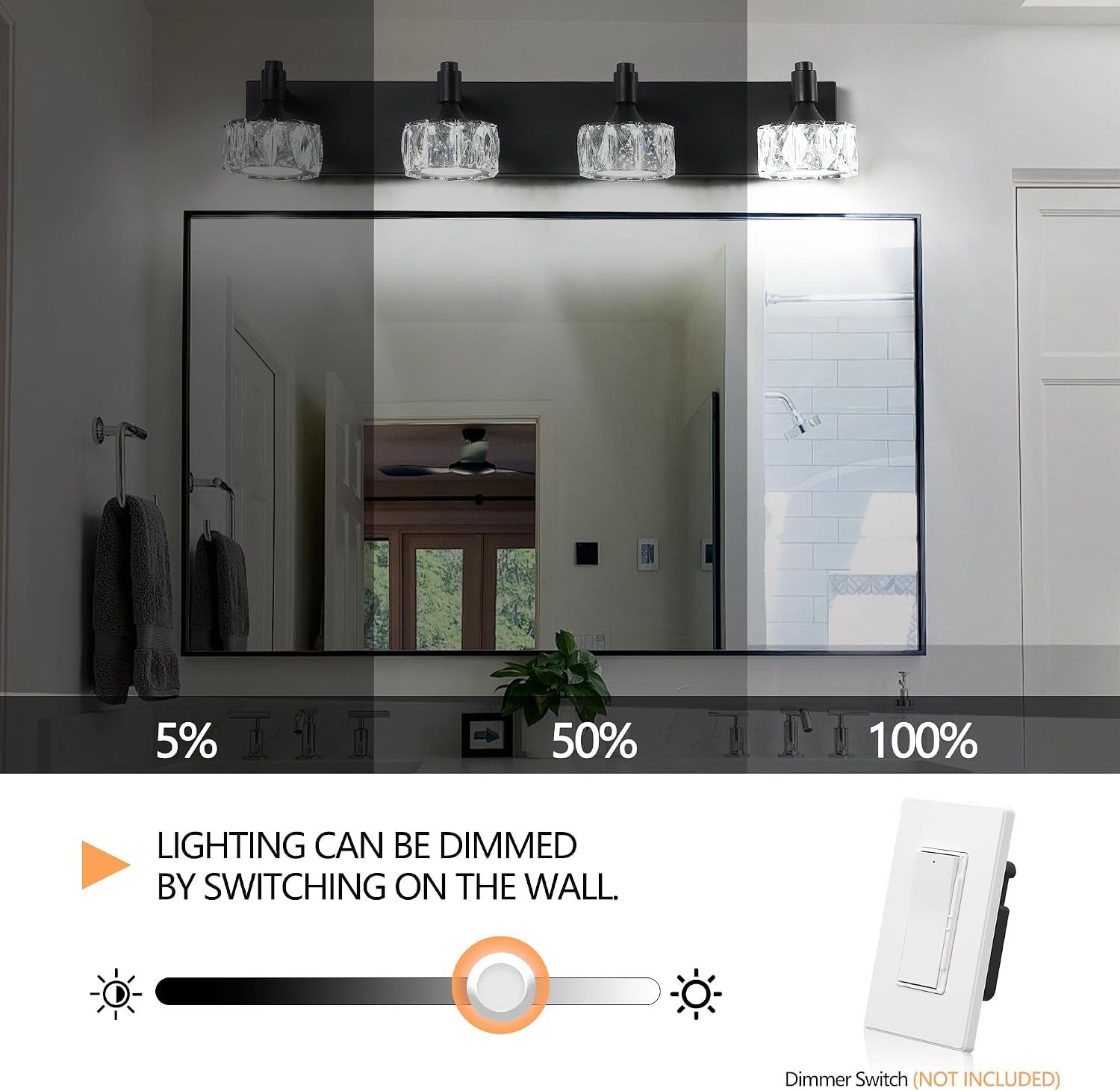 Modern 4-Light LED Vanity Light Dimmable with Faceted Crystal Shades 27.6 Inch Bathroom Lighting Fixture Matte Black and Brushed Gold Finish