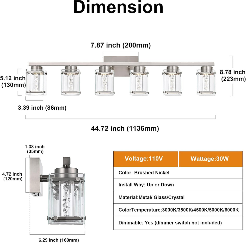 6-Light Vanity Lighting Fixture, Classic Bathroom Light Fixtures in Brushed Nickel Finish Industrial Wall Sconces Lamp with Clear Glass Shade and Bubble Bulb for Mirror