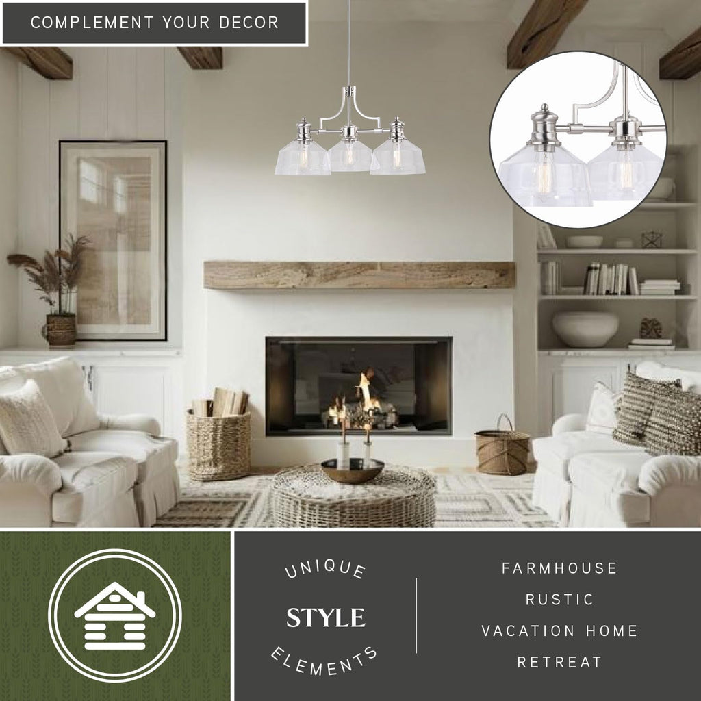 VAXCEL Beloit 3 Light Satin Nickel Farmhouse Chandelier Clear Glass