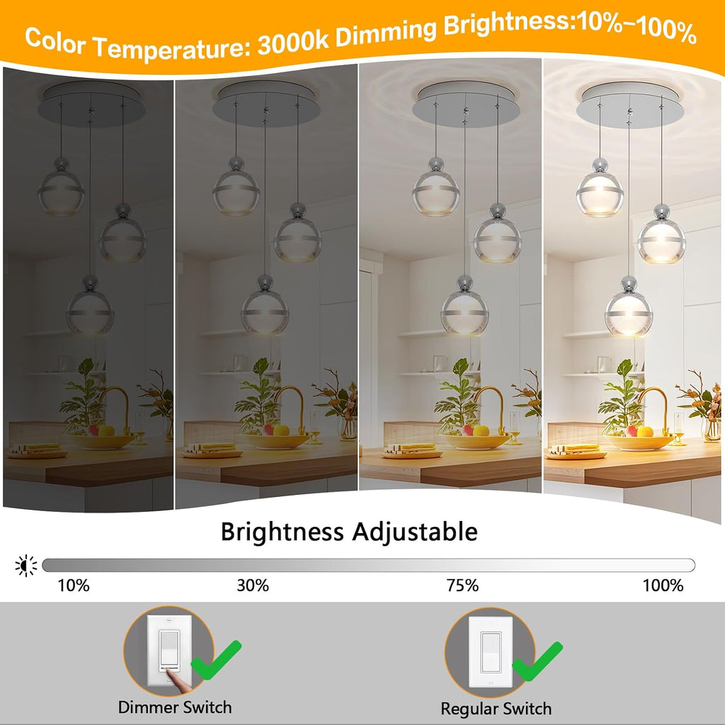 Cluster Acrylic Pendant Lighting, 3 Light Chrome Globe LED Hanging Pendant Light Fixtures with Dimmable, Modern Pendant Lights Kitchen Island for Dining Room Living Room Bedroom Stairs