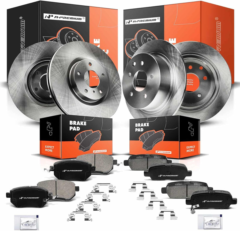 A-Premium Front Vented & Rear Solid Disc Brake Rotors + Ceramic Pads Kit Compatible with Select Nissan Models - Altima 2004-2008, Maxima 2006, 12-PC Set