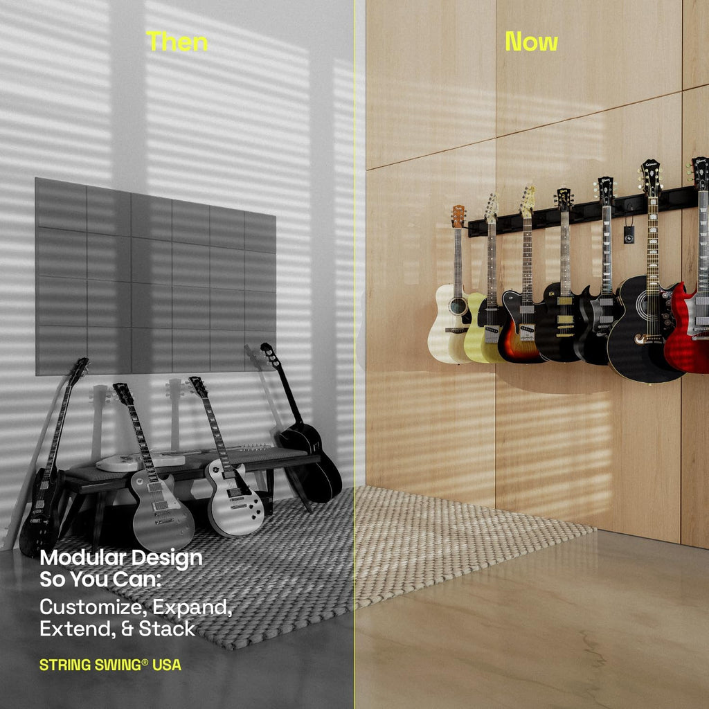 String Swing Guitar Wall Rack, Guitar Stand Mulitple Guitars, Hanging Guitar Stand for Acoustic & Electric Guitars, 10 Heavy Duty Padded Arm Hangers & Black Slatwall Rail - MADE IN USA