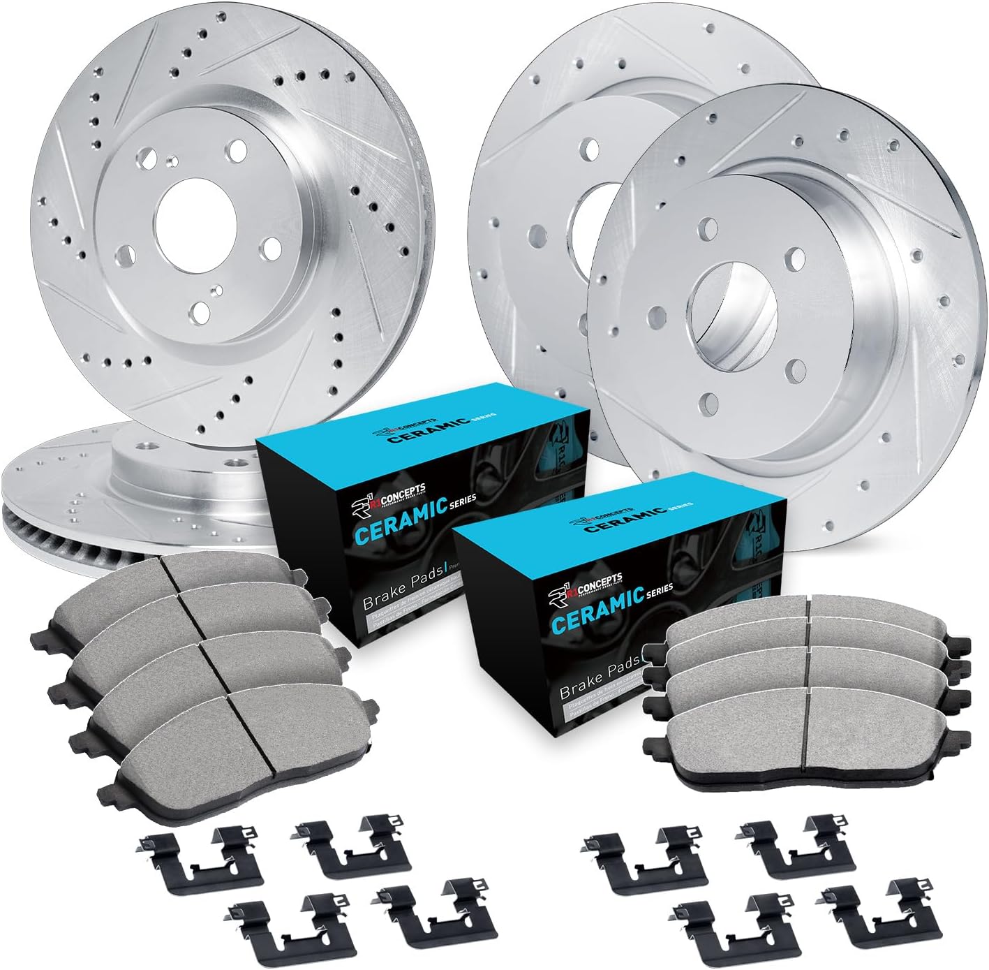 R1 Concepts Front and Rear Brake Kit Fits 2018-2019 Buick LaCrosse; 2018-2020 Buick Regal, Chevrolet Equinox, GMC Terrain| Ceramic Pads, Drilled Slotted Rotors| Hardware| 11.8' Front & 11.3' Rear