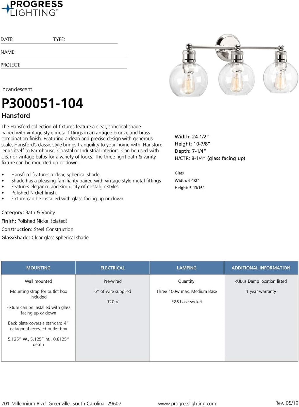 Hansford Collection 3-Light Clear Glass Coastal Bath Vanity Light Polished Nickel