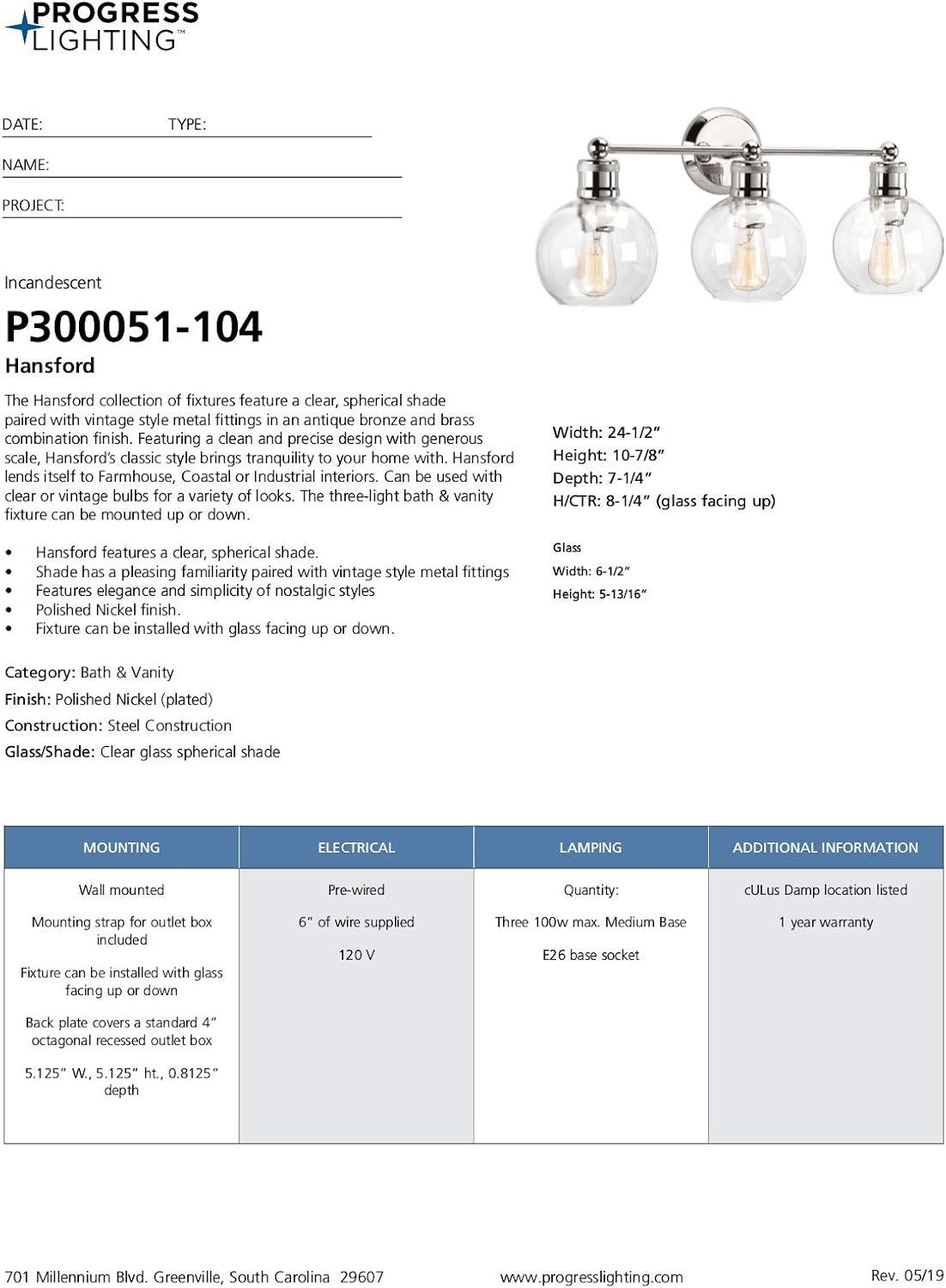 Hansford Collection 3-Light Clear Glass Coastal Bath Vanity Light Polished Nickel