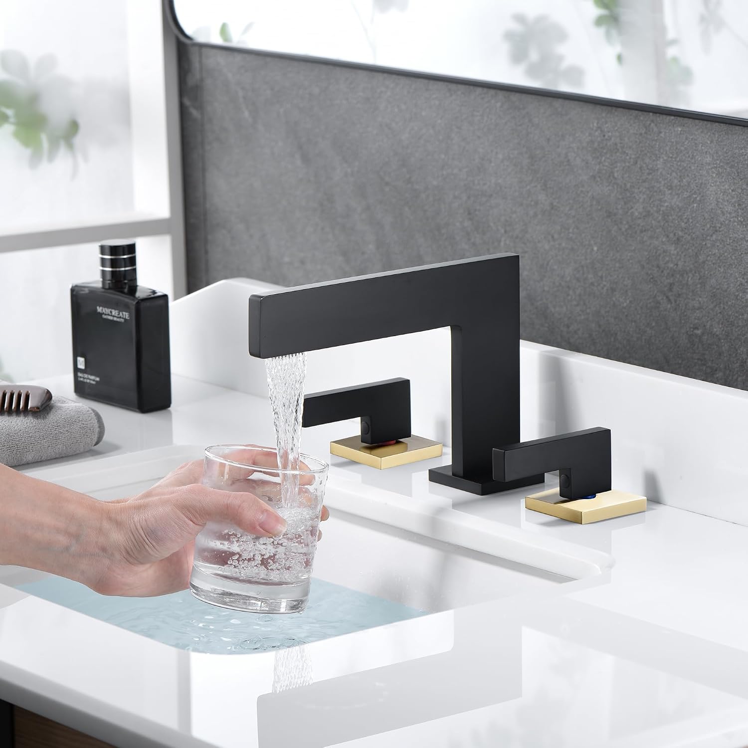 Sumerain Widespread 8 inch Bathroom Faucet, Black and Gold Bathroom Sink Faucet, 3 Hole 2 Knob Handle Waterfall Bathroom Faucet