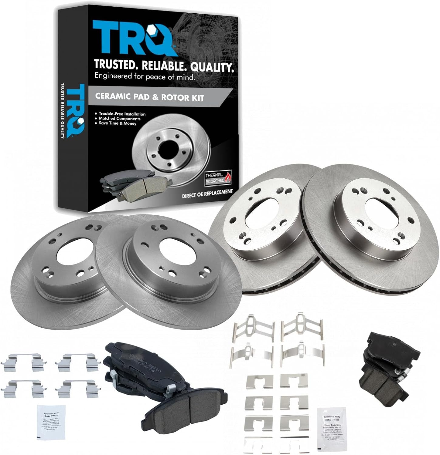 TRQ Front and Rear Ceramic Brake Pad and Rotor Set Compatible with 2006-2008 Honda Civic EX 2009-2010 Honda Civic EX with 5 Lug Wheels 2011