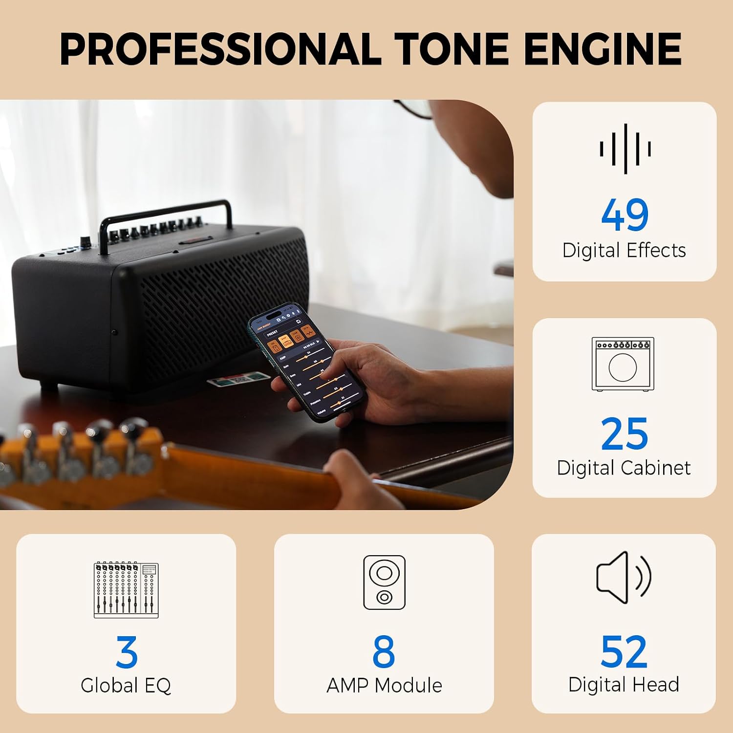 JOYO 40W Desktop Guitar Amp Portable,Professional Combo Guitar Amplifier Live Streaming & Recording with 8 Effects,Presets,Looper,Drum Machine & App for Electric Acoustic Bass Guitar (JAM Buddy III)