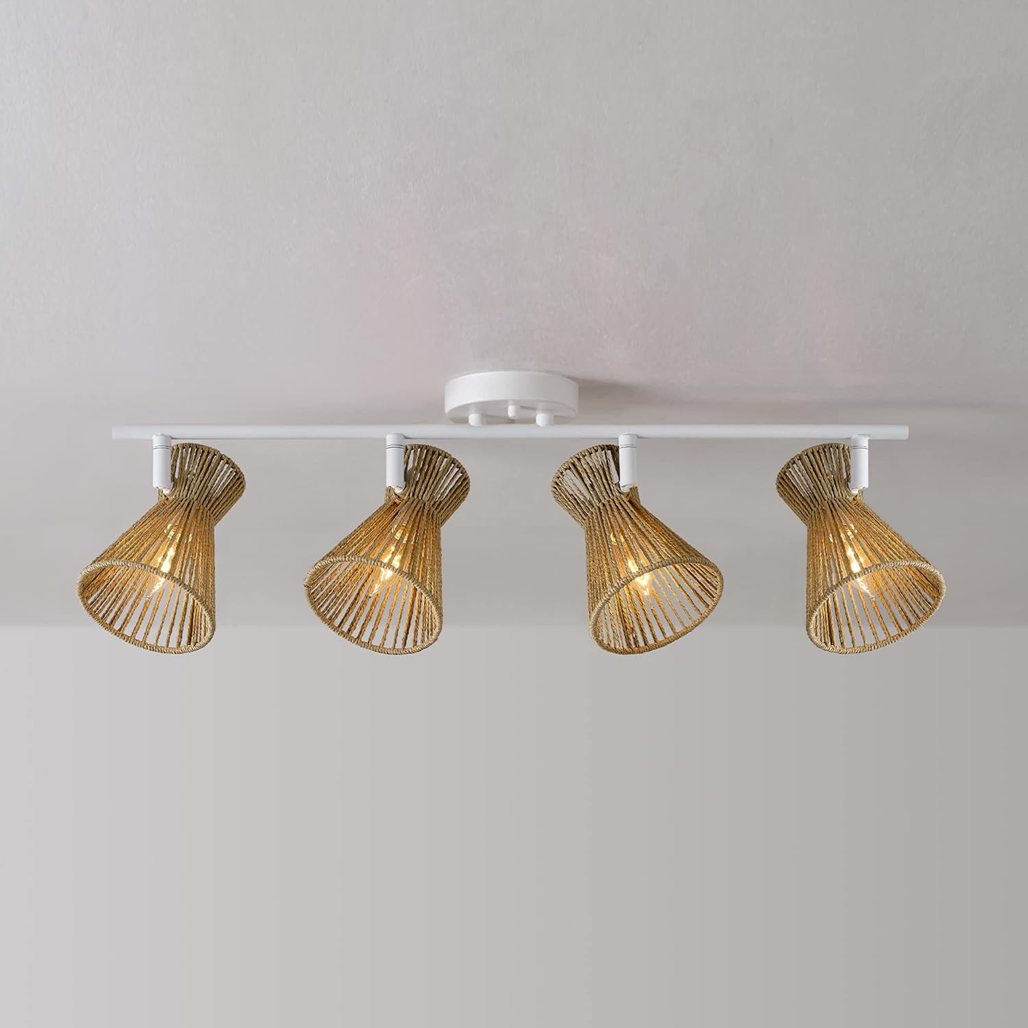 Globe Electric 64000050 28' 4-Light Track Lighting, Matte White, Natural Twine Shades, Ceiling Light, Pivot Shade, Kitchen Lights, 4 Bulb Track-Light