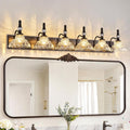 Vintage Bathroom Vanity Light, 6-Light Black Vanity Lighting Fixture with Flower Glass Shade, Bathroom Lighting Fixtures Over Mirror