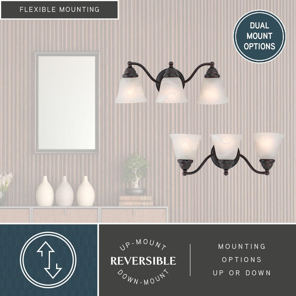 VAXCEL Standford 3-Light 19 inch Wide Oil Burnished Bronze Traditional Bathroom Vanity Lighting Fixture, White Alabaster Glass Shade, Dimmable, LED Compatible, Over The Mirror Mounted Wall Sconce