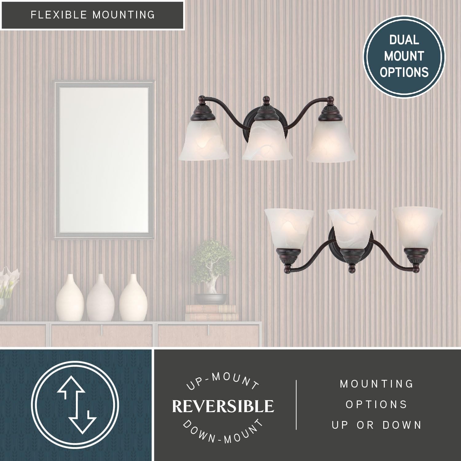VAXCEL Standford 3-Light 19 inch Wide Oil Burnished Bronze Traditional Bathroom Vanity Lighting Fixture, White Alabaster Glass Shade, Dimmable, LED Compatible, Over The Mirror Mounted Wall Sconce