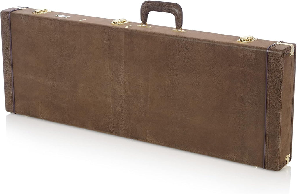 Gator GW-ELECT-VIN Deluxe Wood Case for Double-Cutaway Electric Guitars - Vintage Brown Bundle with Picks, Strap, Instrument Cable, and Austin Bazaar Polishing Cloth
