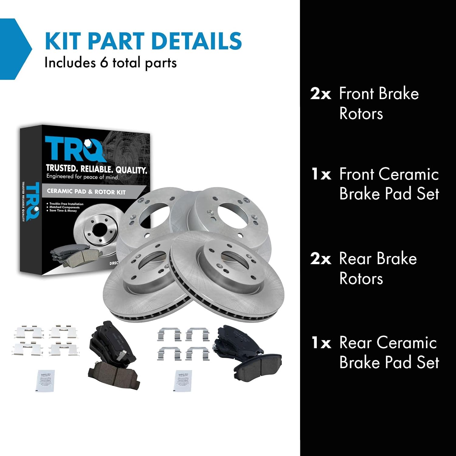 TRQ Front and Rear Brake Pad and Rotor Set Ceramic Vented Solid Rotors Compatible with 2005-2009 Hyundai Tucson 2005-2010 Kia Sportage Front Wheel Drive