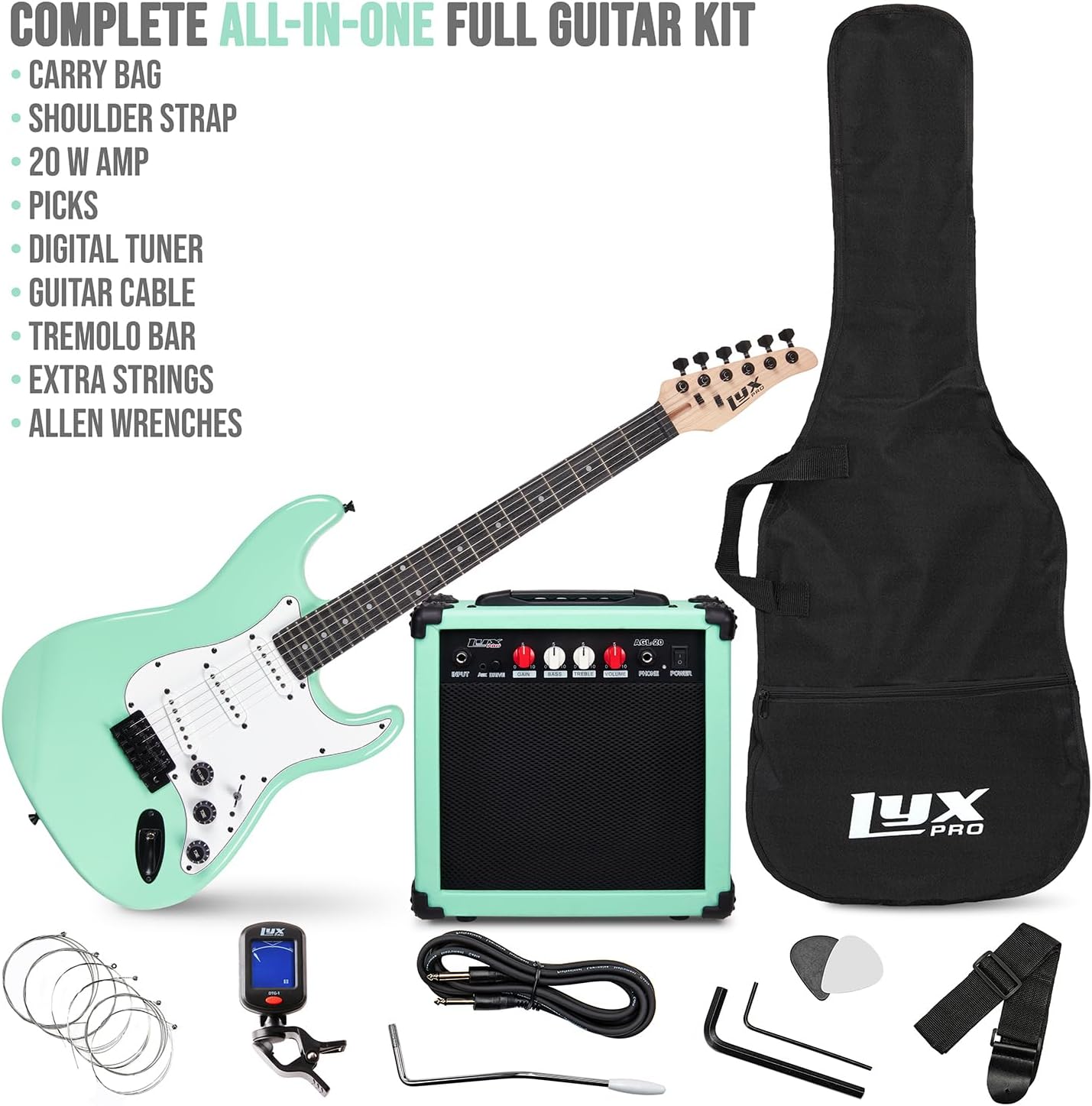 LyxPro 39 inch Electric Guitar Kit Bundle with 20w Amplifier, All Accessories, Digital Clip On Tuner, Six Strings, Two Picks, Tremolo Bar, Shoulder Strap, Case Bag Starter kit Full Size - Green