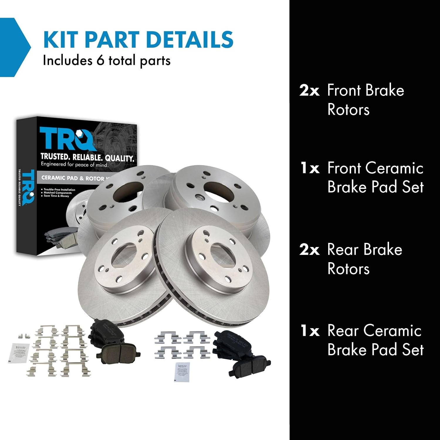 TRQ Front and Rear Brake Pad and Rotor Set Ceramic Vented Solid Rotors Compatible with 2000-2001 Toyota Camry 1999-2003 Solara