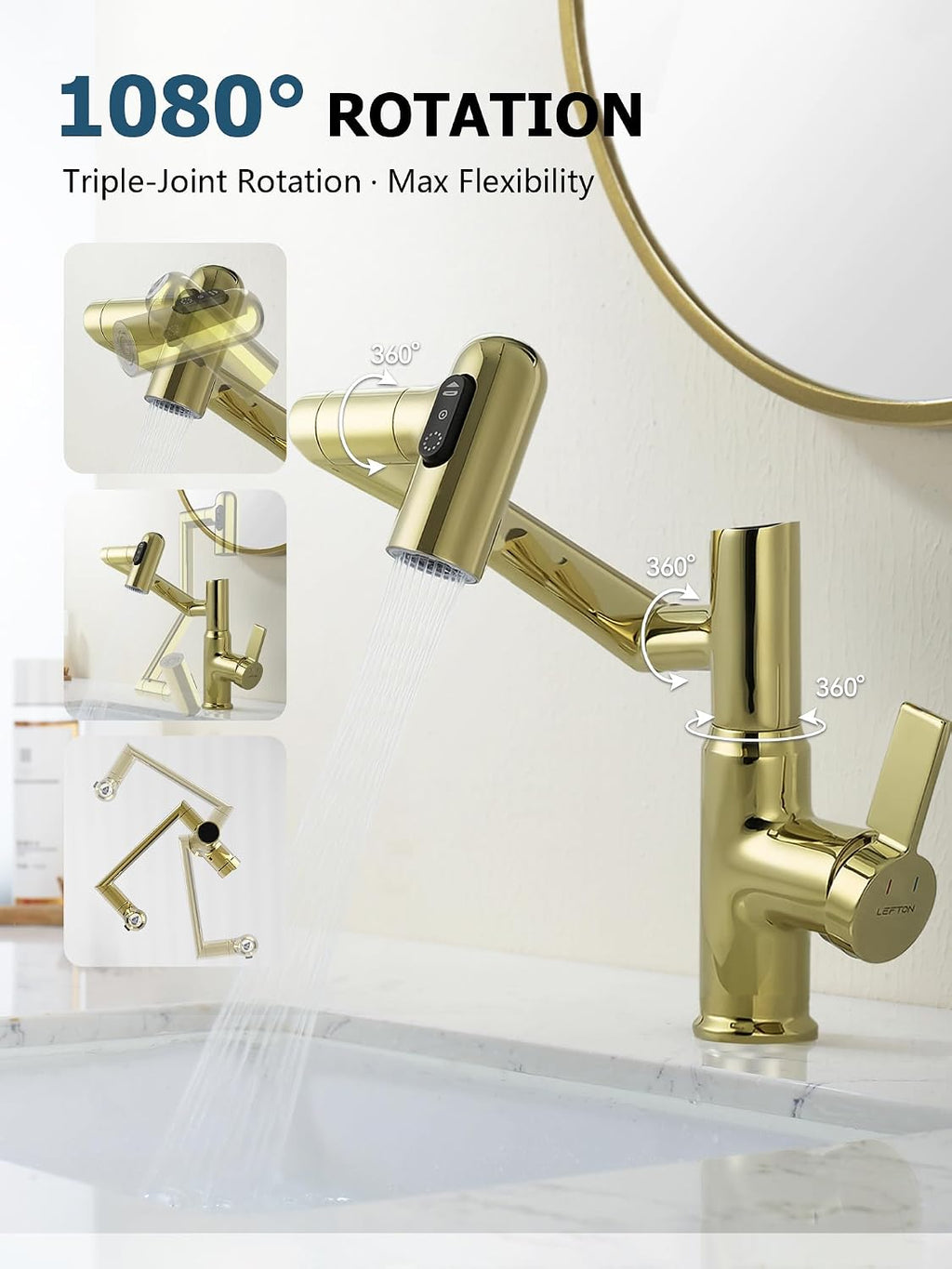 Lefton Rotatable Bathroom Faucet with Temperature Display in Fahrenheit (Batteries-Free), 3 Water Outlet Modes, Polished Gold, BF2204-5