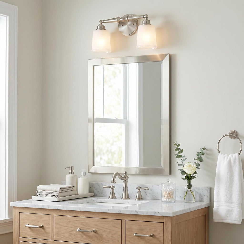 Quoizel Cecilia Bath Vanity Lights,16 Inch 2-Light Brushed Nickel Bathroom Lighting Fixtures Over Mirror, Sandblasted Ribbed Glass Shades, Wall Mount Light for Bathrooms