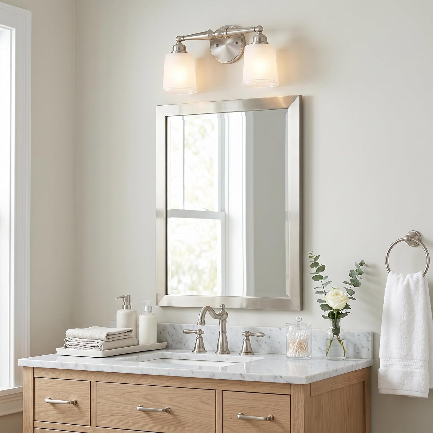 Quoizel Cecilia Bath Vanity Lights,16 Inch 2-Light Brushed Nickel Bathroom Lighting Fixtures Over Mirror, Sandblasted Ribbed Glass Shades, Wall Mount Light for Bathrooms