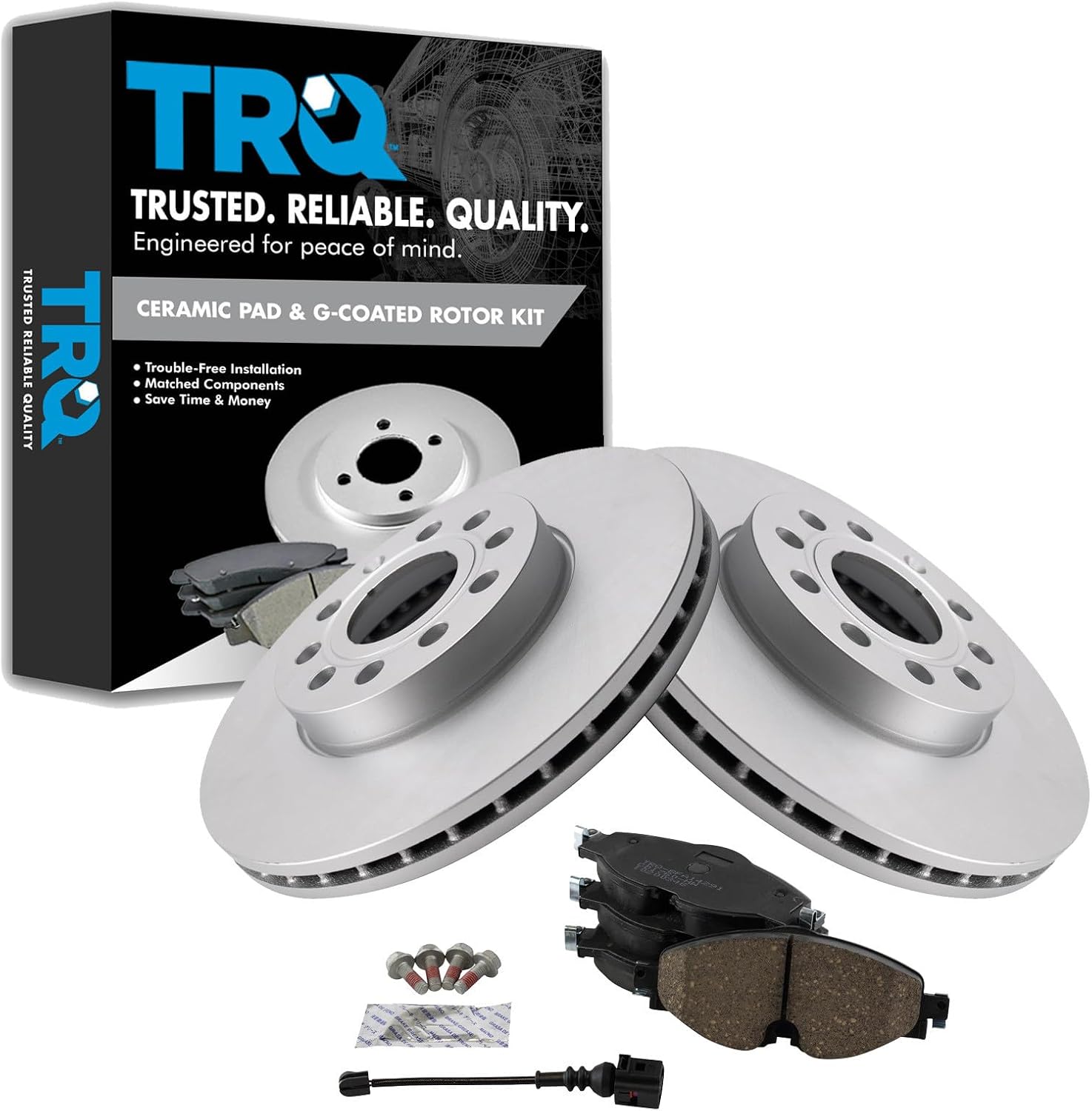 TRQ Front Brake Pad and Rotor Set Ceramic G Coated Vented Rotors Compatible with 2015-2016 Audi A3 2015-2021 Volkswagen Golf 2015-2019 e-Golf SportWagen 2019-2021 Jetta