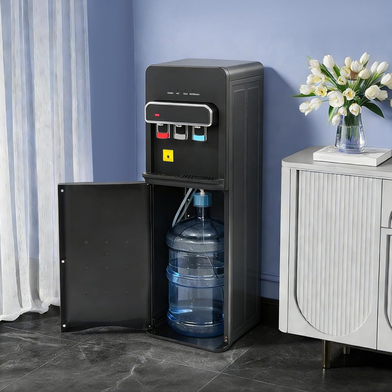 Bottom Loading Water Cooler Dispenser for 3 or 5 Gal Bottles Hot, Cold & Room Water 3 Temperature Settings Water Dispenser with Child Lock Cooling 50°F-59°F for Home Use (Black 2)