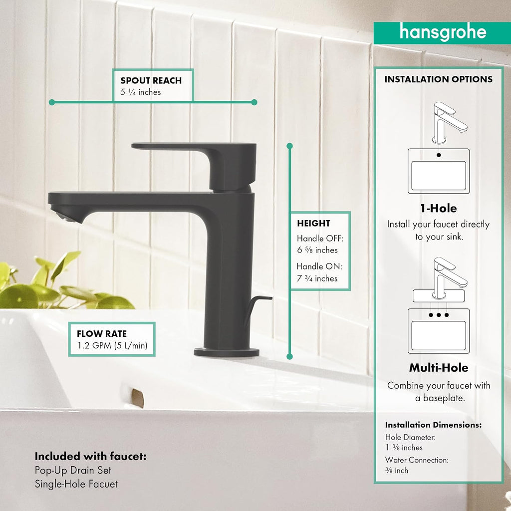 hansgrohe Rebris S Bathroom Faucet, 1 Hole, Single Handle, Bathroom Sink Faucet for Vanity with Pop-Up Drain Assembly, 1.2 GPM, Matte Black, 72517671