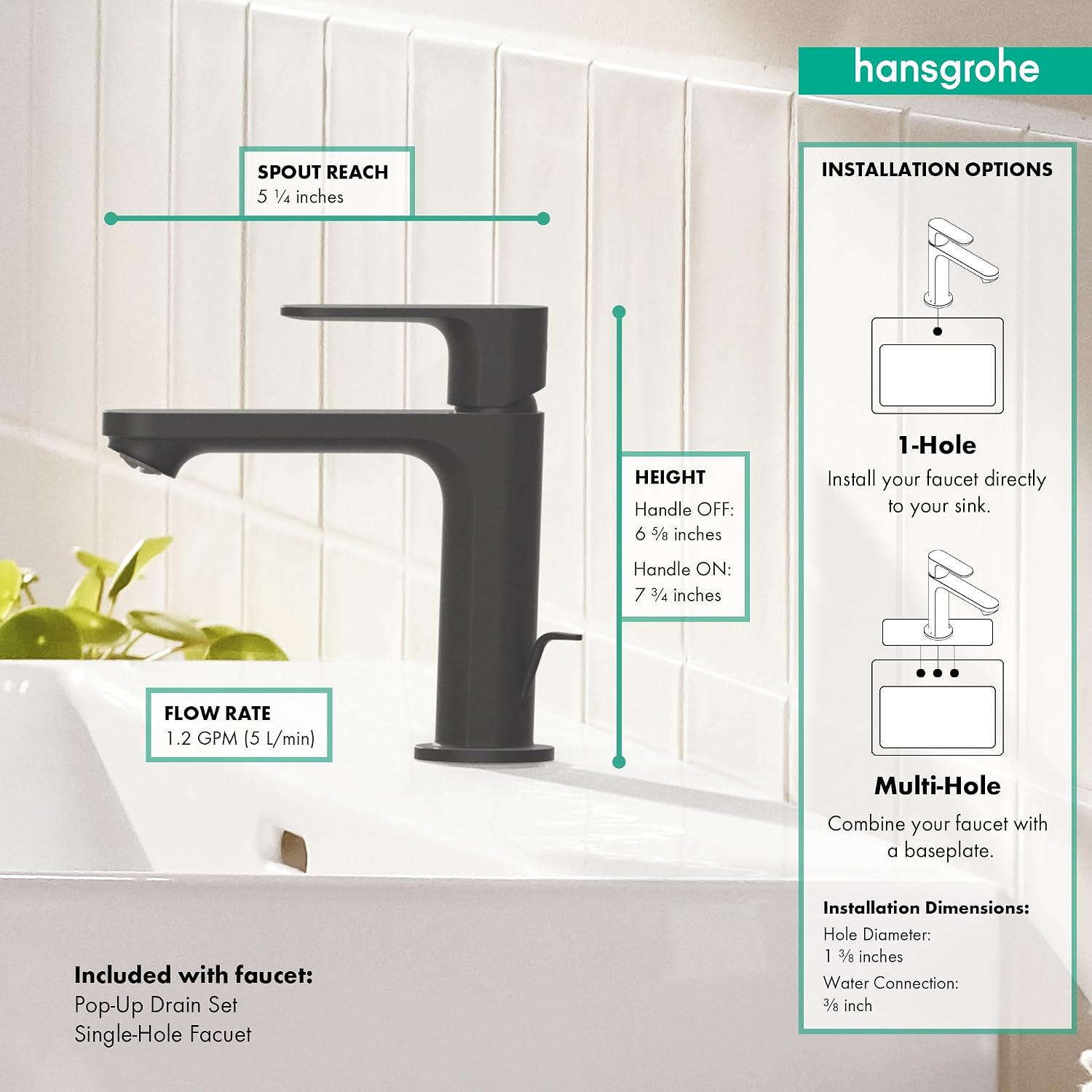 hansgrohe Rebris S Bathroom Faucet, 1 Hole, Single Handle, Bathroom Sink Faucet for Vanity with Pop-Up Drain Assembly, 1.2 GPM, Matte Black, 72517671