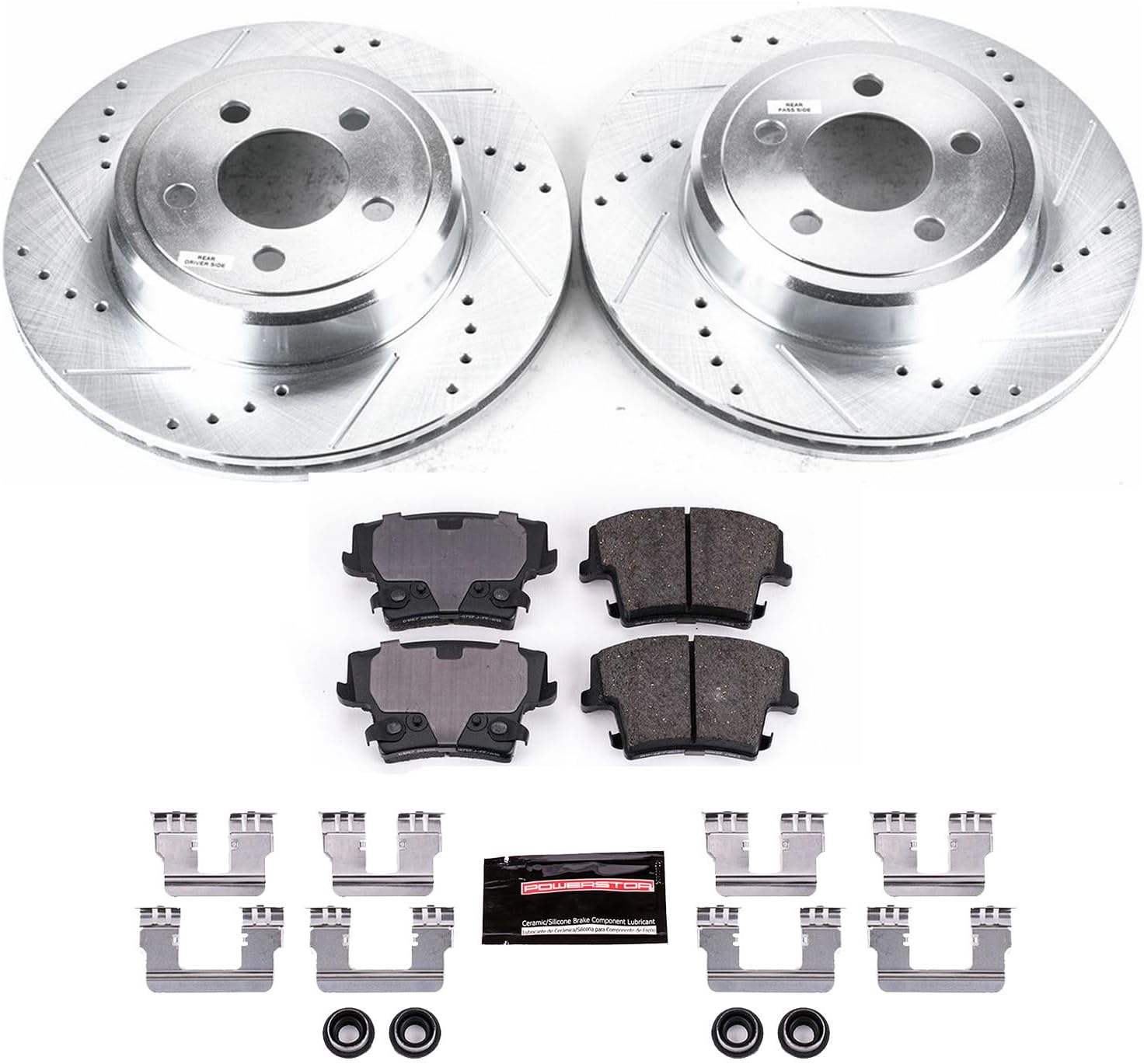 PowerStop Rear Brake Kit for Chrysler 300 2005-23 |Dodge Challenger 2009-23 |Charger 2006-23 |Magnum 2005-08 - Drilled and Slotted Disc Rotors with Carbon-Fiber Ceramic Brake Pads Replacement, K1720