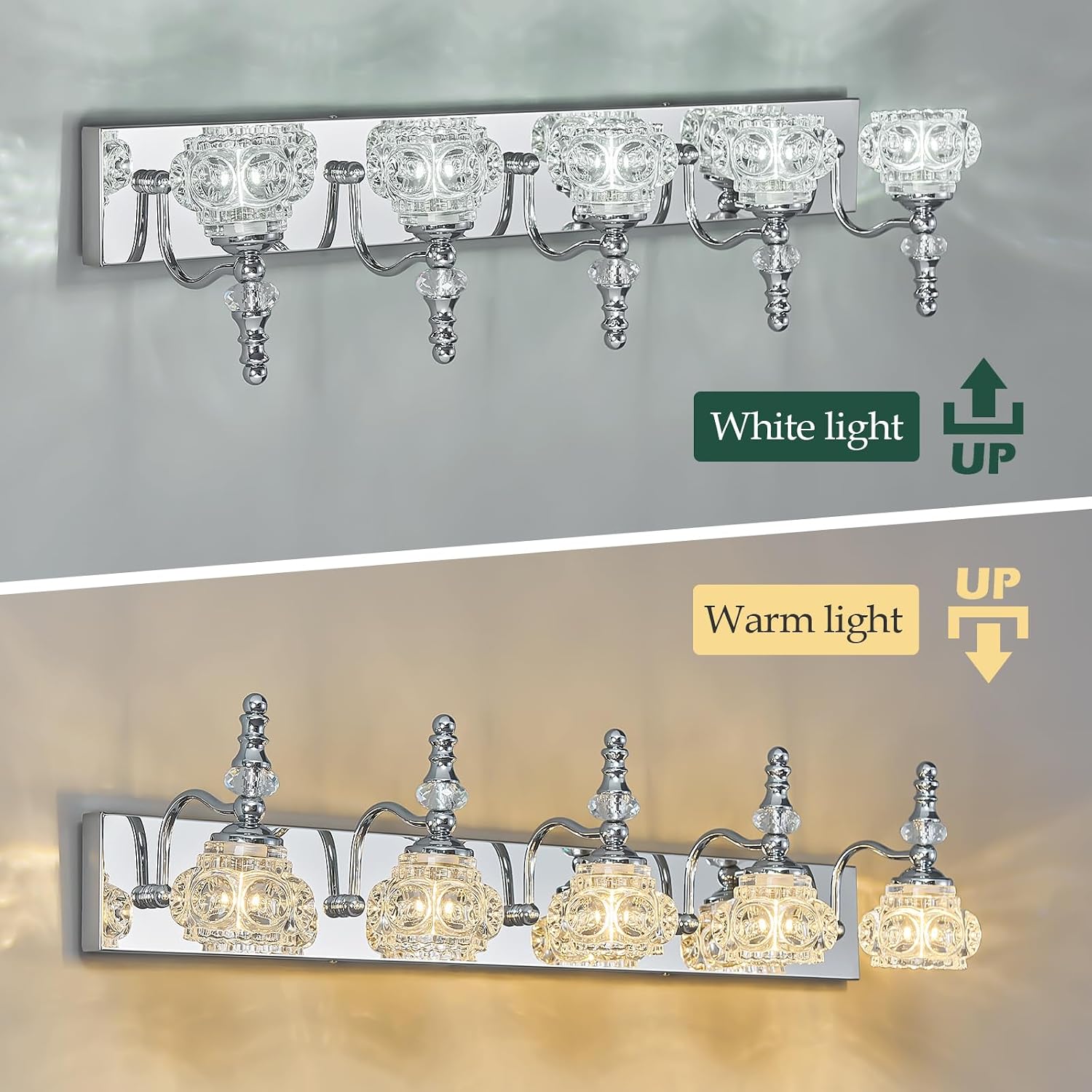 Modern Glass Crystal Vanity Light - Vintage Bathroom Lighting Fixtures Over Mirror, 5 Light Vanity Lights, G9 Bulb (35.43 Inch, Chrome)