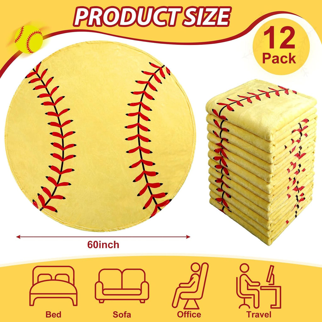Eurzom 12 Pcs Softball Throw Blankets Bulk for Teens Adults 60' Round Soft Flannel Sport Ball Blanket Team Gift for Softball Lovers Coaches Players Senior Night Birthday Party Supplies